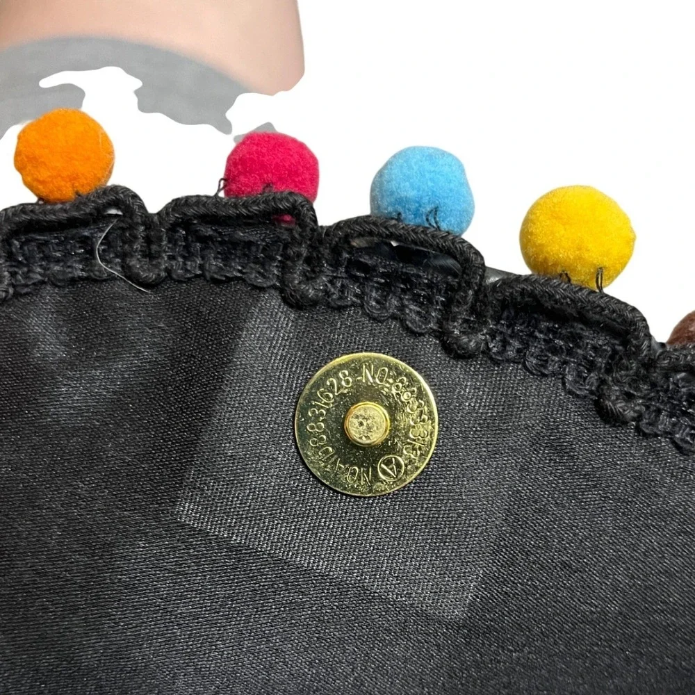 Shiraleah Chicago Woven Straw Clutch Bag Black Multi Color Pom Pom Trim Envelope